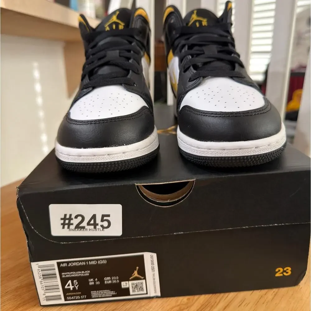 NEW Air Jordan 1 Mid-Top Sneaker White/Pollen-Black Size 4.5Y
